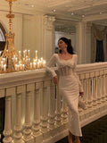 Sheath Long Sleeves White Tea Length Prom Dresses Birthday Outfits SD636