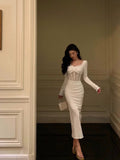 Sheath Long Sleeves White Tea Length Prom Dresses Birthday Outfits SD636