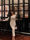 Sheath Long Sleeves White Tea Length Prom Dresses Birthday Outfits SD636