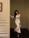 Sheath Long Sleeves White Tea Length Prom Dresses Birthday Outfits SD636