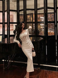 Sheath Long Sleeves White Tea Length Prom Dresses Birthday Outfits SD636