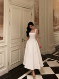 A Line Straps Sleeveless White Tea Length Prom Dresses Birthday Outfits SD640