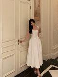 A Line Straps Sleeveless White Tea Length Prom Dresses Birthday Outfits SD640