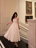 A Line Straps Sleeveless White Tea Length Prom Dresses Birthday Outfits SD640
