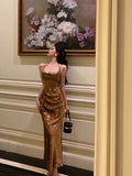 Sheath Halter Sleeveless Gold Floral Satin Prom Dresses Birthday Outfits SD655