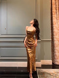 Sheath Halter Sleeveless Gold Floral Satin Prom Dresses Birthday Outfits SD655