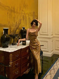 Sheath Halter Sleeveless Gold Floral Satin Prom Dresses Birthday Outfits SD655
