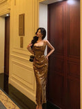 Sheath Halter Sleeveless Gold Floral Satin Prom Dresses Birthday Outfits SD655