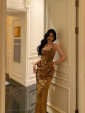 Sheath Halter Sleeveless Gold Floral Satin Prom Dresses Birthday Outfits SD655