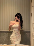 Sheath Spaghetti Straps Sleeveless White Floral Prom Dresses Birthday Outfits With Flower SD664