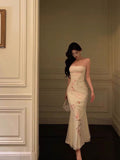Sheath Spaghetti Straps Sleeveless White Floral Prom Dresses Birthday Outfits With Flower SD664