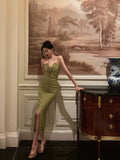 Sheath Halter Green Sleeveless Slit Tea Length Party Dresses Birthday Outfits SD670