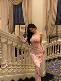 Mermaid Spaghetti Straps Floral Pink Prom Dresses Ankle Length Birthday Outfits SD678