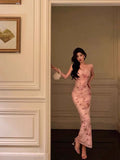 Mermaid Spaghetti Straps Floral Pink Prom Dresses Ankle Length Birthday Outfits SD678