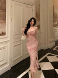 Sheath Spaghetti Straps Floral Pink Prom Dresses Tea Length Birthday Outfits SD681