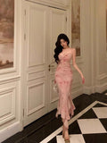 Sheath Spaghetti Straps Floral Pink Prom Dresses Tea Length Birthday Outfits SD681