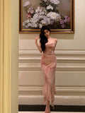 Sheath Spaghetti Straps Floral Pink Prom Dresses Tea Length Birthday Outfits SD681