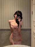 Sheath Spaghetti Straps Floral Pink Prom Dresses Tea Length Birthday Outfits SD681
