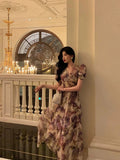 A line V Neckline Short Sleeves Date Night Dress Lilac Floral Prom Dresses Birthday Outfits SD682