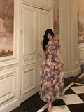 A line V Neckline Short Sleeves Date Night Dress Lilac Floral Prom Dresses Birthday Outfits SD682