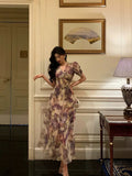 A line V Neckline Short Sleeves Date Night Dress Lilac Floral Prom Dresses Birthday Outfits SD682