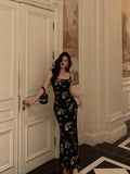 Mermaid Spaghetti Straps Floral Black Prom Dresses Ankle Length Birthday Outfits SD687