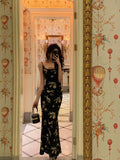 Mermaid Spaghetti Straps Floral Black Prom Dresses Ankle Length Birthday Outfits SD687