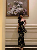 Mermaid Spaghetti Straps Floral Black Prom Dresses Ankle Length Birthday Outfits SD687