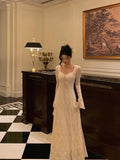 A line Long Sleeves White Lace Date Night Dress Prom Dresses Birthday Outfits SD688