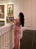 Mermaid Spaghetti Straps Sleeveless Pink Floral Prom Dresses Birthday Outfits SD693