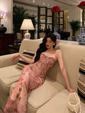 Mermaid Spaghetti Straps Sleeveless Pink Floral Prom Dresses Birthday Outfits SD693