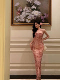 Mermaid Spaghetti Straps Sleeveless Pink Floral Prom Dresses Birthday Outfits SD693
