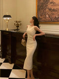 Sheath Bateau White Satin Tea Length Prom Dresses Birthday Outfits SD702