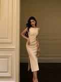 Sheath Bateau White Satin Tea Length Prom Dresses Birthday Outfits SD702