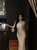 Mermaid One Shoulder Off the Shoulder Satin White Prom Dresses Birthday Outfits SD704