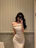 Mermaid One Shoulder Off the Shoulder Satin White Prom Dresses Birthday Outfits SD704