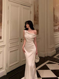 Mermaid One Shoulder Off the Shoulder Satin White Prom Dresses Birthday Outfits SD704