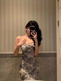 Sheath Spaghetti Straps Floral Blue Chiffon Prom Dresses Birthday Outfit SD705