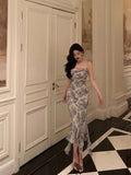Sheath Spaghetti Straps Floral Blue Chiffon Prom Dresses Birthday Outfit SD705