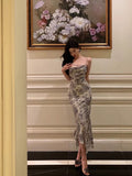 Sheath Spaghetti Straps Floral Blue Chiffon Prom Dresses Birthday Outfit SD705