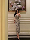 Sheath Spaghetti Straps Floral Blue Chiffon Prom Dresses Birthday Outfit SD705