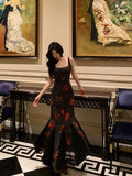 Mermaid Spaghetti Straps Floral Black Prom Dresses Birthday Outfits SD709