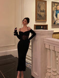 Sheath Off The Shoulder Long Sleeves Black Tea Length Prom Dresses Birthday Outfits SD710