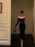 Sheath Off The Shoulder Long Sleeves Black Tea Length Prom Dresses Birthday Outfits SD710