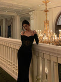 Sheath Off The Shoulder Long Sleeves Black Tea Length Prom Dresses Birthday Outfits SD710