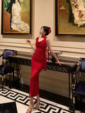 Sheath Straps Sleeveless Floral Date Night Dress Red Prom Dresses Birthday Outfits SD715