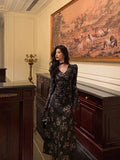 French A line Long Sleeves V Neckline Black Floral Prom Dresses Birthday Outfits SD744