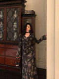 French A line Long Sleeves V Neckline Black Floral Prom Dresses Birthday Outfits SD744