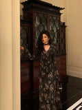 French A line Long Sleeves V Neckline Black Floral Prom Dresses Birthday Outfits SD744