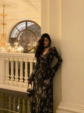 French A line Long Sleeves V Neckline Black Floral Prom Dresses Birthday Outfits SD744